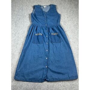 Premier International Denim Dress Women Medium Blue Embroidered Floral Button Up